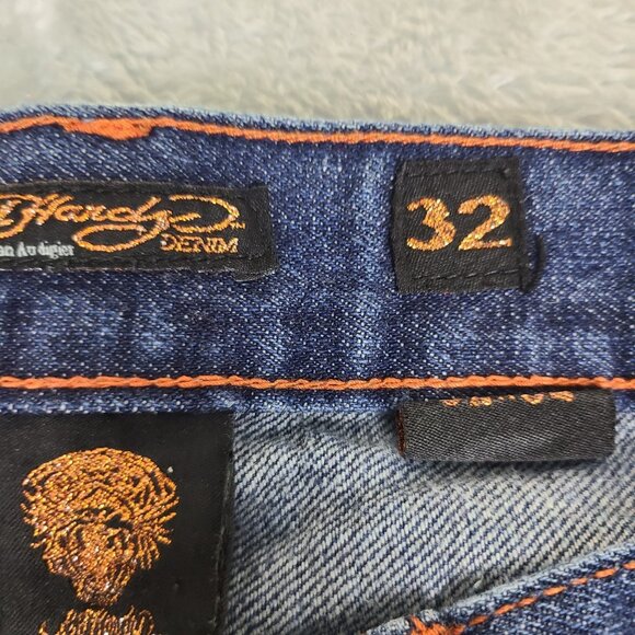 Vintage Don Ed Hardy Skull & Roses Embroidered Baggy Dark Denim Jeans Mens 32X34 - Picture 3 of 11